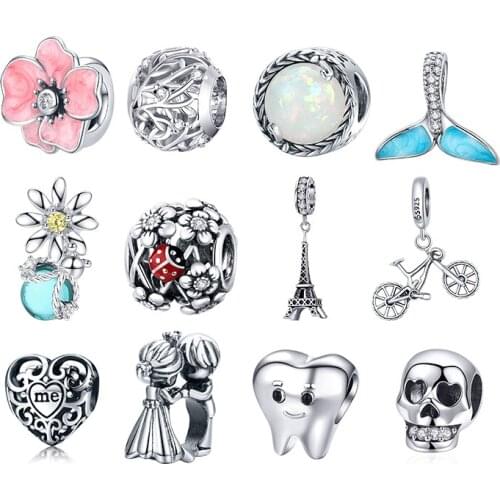 WOSTU Authentic 925 Sterling Silver Ladybug Flowers Charms Pendant Fit Bracelets Women Party Fashion DIY Jewelry Gift Making