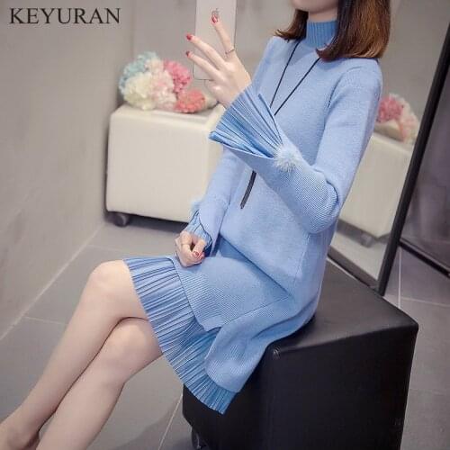 Plus Size XXXL Women Pullovers Solid Knit Patchwork Casual Sweater 2019 Spring Autumn Woman Fake Two Pieces Loose Knitted Dress