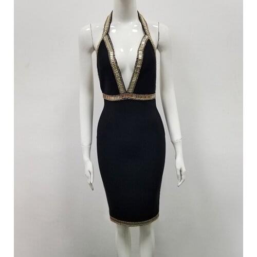 Support Dropship 2019 new bandage dress black halter neck High quality beading luxury sexy party womens dress vestido