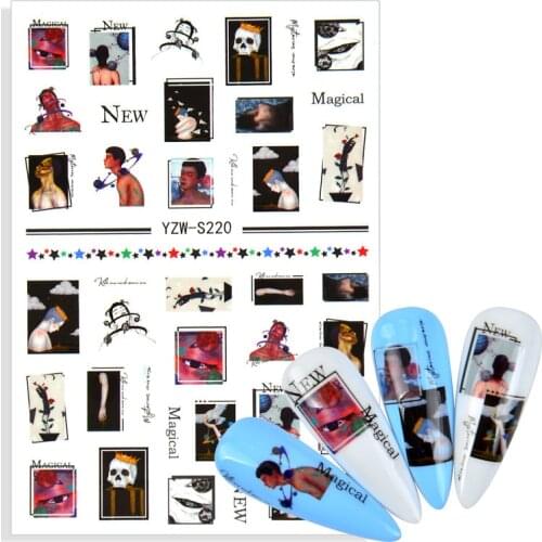 3D Flower Nail Stickers Face Sketch Abstract Image Sexy Girl Snake Cat Alien Nail Art Decor Sliders Manicure Stickers for Nails