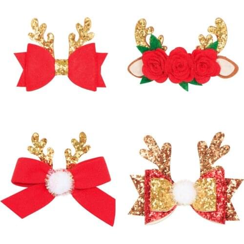 Ncmama Glitter Christmas Hair Clips for Girls Kids Sequin Antlers Hairball Hair Bows Hairpins Party Fashion Hair Accessories