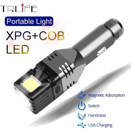 8000LM Car Rechargeable Flashlight Built-in Battery Output Mini Lanterna Magnet foldable XPG+COB Flash Light with safety hammer