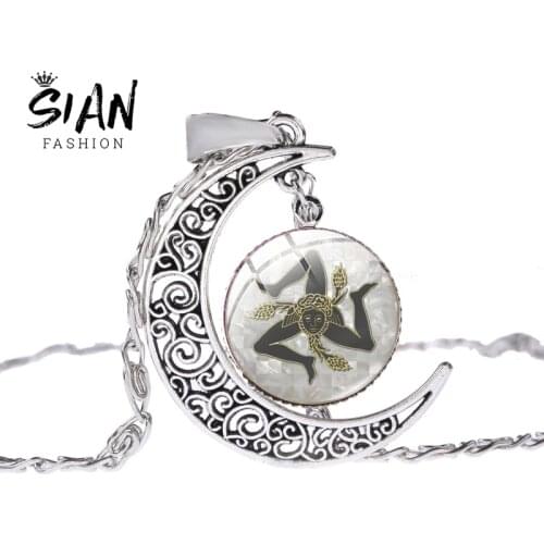 SIAN New Arrival Sicilian Trinacria Pendant Moon Necklace Sicilian Trinacria Necklaces Glass Dome Art Photo Jewelry Gifts Women