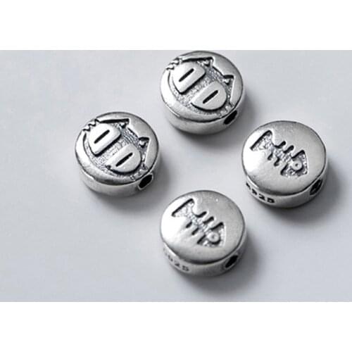 100% 925 Sterling Silver Handcraft Matte Round Kitty Space Beads Double Sides Engraved Cat&Fish Silver Beads DIY Jewelry Making