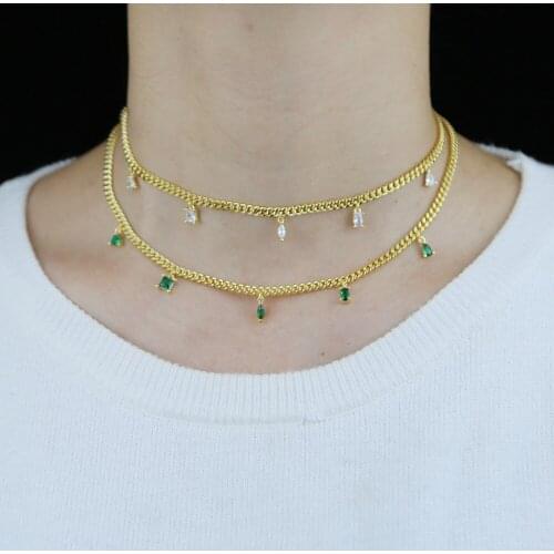 Gold Color 3mm Cuban Link Chain Micro Pave Clear Green CZ Drop Round Heart Charm European Women 35+10CM Choker Sexy Necklace