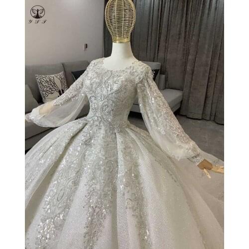 Designer Wedding Dresses Scoop Appliqued Beaded Heavily Long Sleeve Ball Gown Puffy Vestidos De Novias