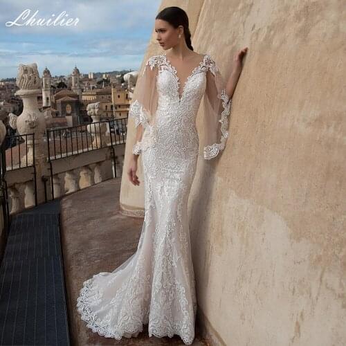 Lhuilier Elegant Mermaid Lace Wedding Dresses 2021 Floor Length V-Neck Half Flare Sleeves Sheer Back Bridal Dress Court Train