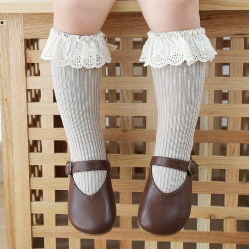 1 Pair Spring Autumn Winter Cotton Lace Double Needle Children Breathable Socks Solid Baby Girls Knee Socks School