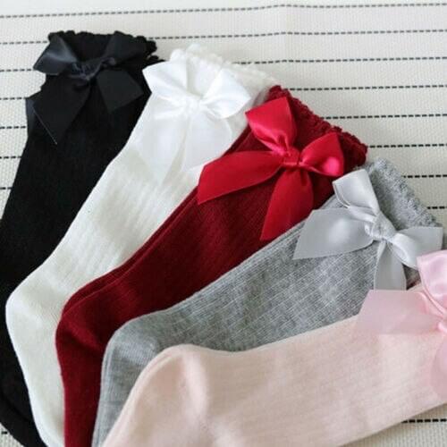 Little Girls Tights Cotton Warm Silk Stockings Toddler Kids Baby Girl Solid Color Bowknot Knee High Socks for 0-4Y Girls