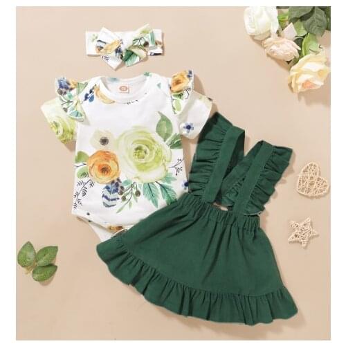 3Pcs Newborn Infant Baby Girl Clothes Floral Short Sleeve Romper Strap Dress Headband Summer Outfits Clothing Set 0-18M