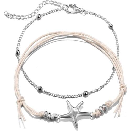 Miss JQ 2 PCS/set Vintage Bohemian Anklets Set for Women Silver Color Bead Starfish Pendant Bracelets Anklets Foot Ankle Jewelry