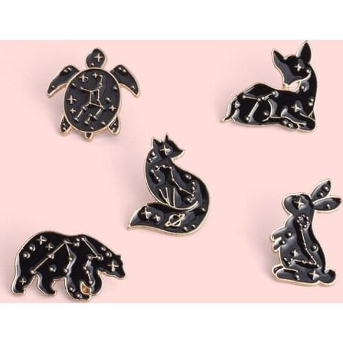 Cartoon Black Starry Rabbit/Fox/tortoise Brooch Couple Enamel Pin Badges Hat Backpack Accessories Lovers Jewelry Gift for Lover