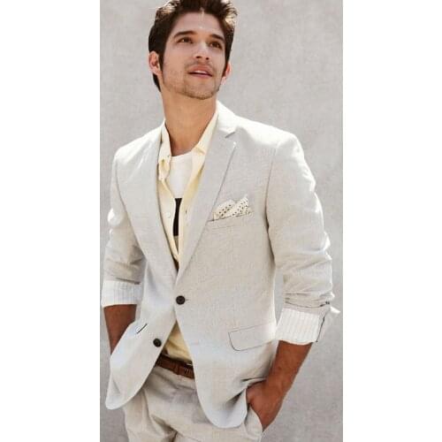 2018 Tailored-Made Ivory Linen Men Suit Slim Fit 2 Piece Groom Tuxedo Casual Blazer Wedding Suits Terno Masculino Jacket+Pant