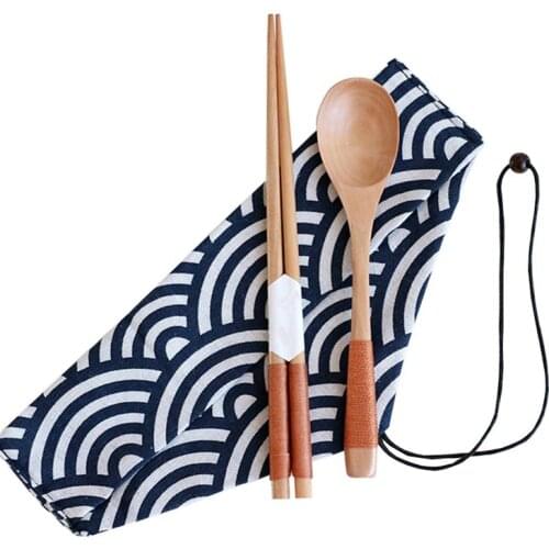Wooden Spoon Chopsticks Set Vintage Japanese Style Wooden Flatware For Travel Home Creative Tableware Set With Bag