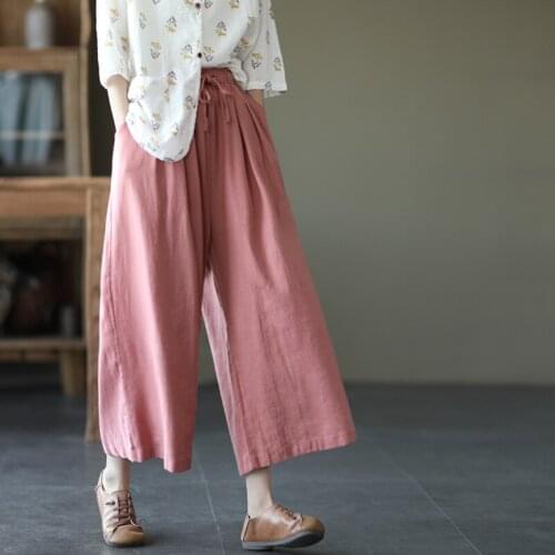 2021 Autumn New Simple Solid Retro Literary Casual Linen Pants With Elastic Waist Thin Casual Women Wide Leg Pants Free Shipping