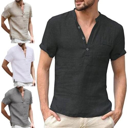 Solid Color Stand Collar Men Shirt Quick Drying Buttons V Neck Short Sleeve Casual T-shirt Pullover Top