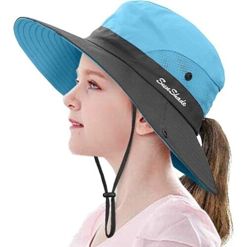 Girls Beach Bucket Cap Kids Ponytail Sun Hat Wide Brim UV Protection Children Outdoor Foldable Safari Travel Fishing Cap
