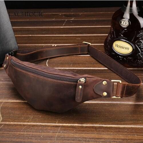 Men Genuine Leather Waist Pack Male Crazy Horse Leather Fanny Packs Vintage Waist Bag Mens Crossbody Shoulder Bag