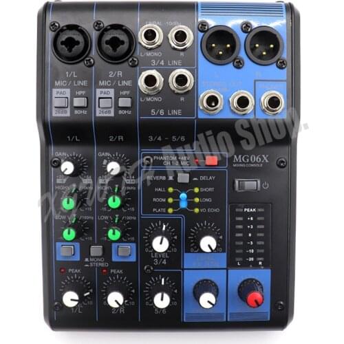 Profession 6 Channel Audio DJ Mixer Sound Mixing Console 6 Input Compact Stereo Mixer with Effects +48V Phantom Power MG06X
