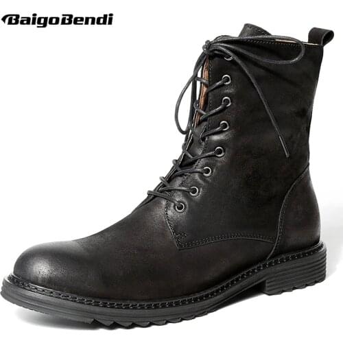 US 6-10 Top Quality Mens Genuine Leather Lace Up Soliders Mid-Calf Boots Casual Zip Winter Motorcycle Ridding Boots