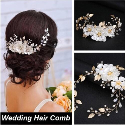 Wedding Hair Combs Hair Accessories Pearl Gold Leaf Headband White Crystal Bridal Headpiece Flower Hair Comb Clip Women Ornament