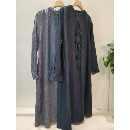 Loose linen dress placket rope lace yarn dyed two side pockets womens dress
