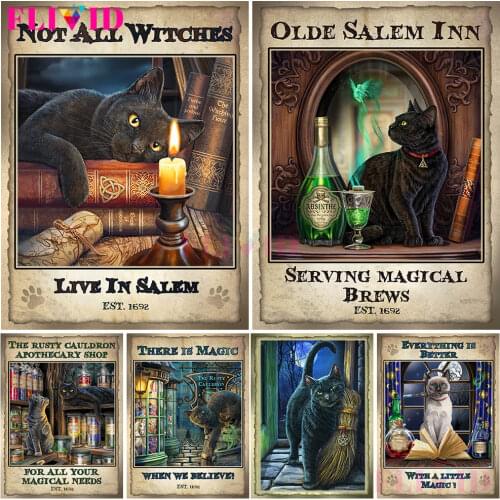 Vintage Salem Witch Wall Art European Woodland Witchcraft Poster And Prints Cat Witch Canvas Prints For Living Room Unframed