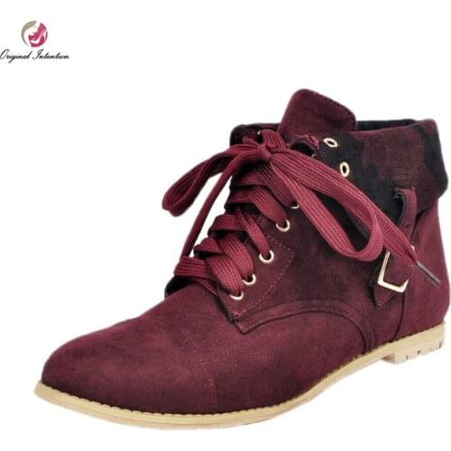 Original Intention New Classic Women Ankle Boots Round Toe Square Heels Cool Wine Red Shoes Woman US Size 4-15