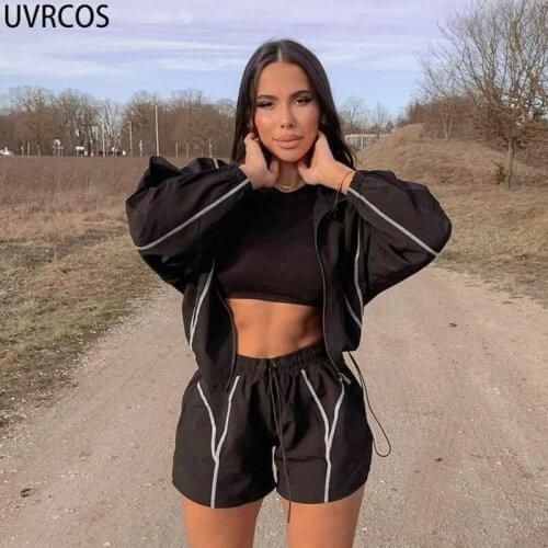 UVRCOS Y2K Set Festival Outfit 2021 Fashion Outwear Two-Piece Suits Striped Patchwork Collar Chest Zipper Casual Soft Tracksuits