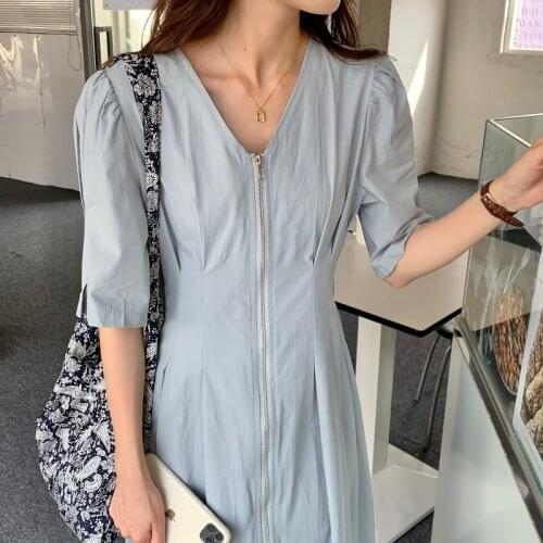 Women Summer Long Shirt Dress 2021 New V Neck Zip Up Slim Waist Puff Sleeve Split Hem A-line Midi Sundress