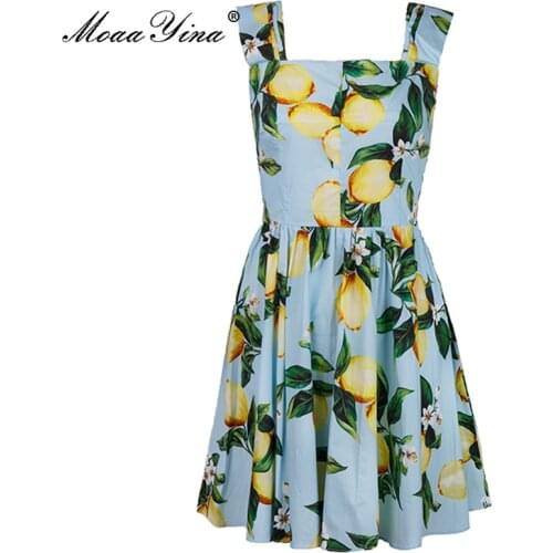 MoaaYina Fashion Designer Summer Blue Short Dress Women Square collar Spaghetti Strap Lemon Print Elegant Holiday Cotton Dress