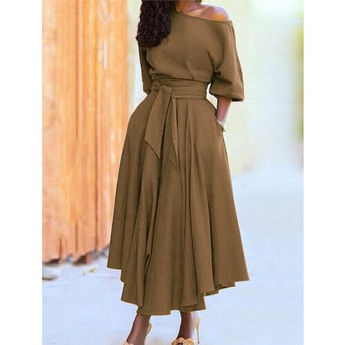 Spring Autumn Sexy Diagonal Collar Boho Dress New Fashion Casual Green Black Lace Up Elegant Maxi Dresses For Women Robe Femme