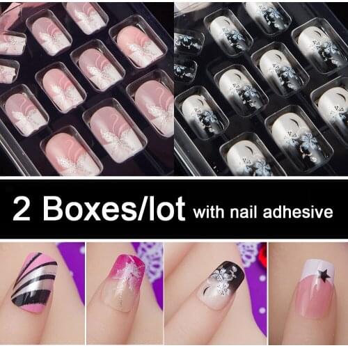 2 Patterns Mixed 2 Boxes/lot Full Cover False Nail Art Tips Fake Nails With Nail Adhesives Glue 10 Sizes Press On Nails Display