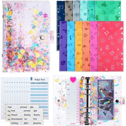 29 Pieces Glitter Binder Cover A6 PVC Binder Cover Sets 2 Sheets Label Sticker for Home School Bill Planner