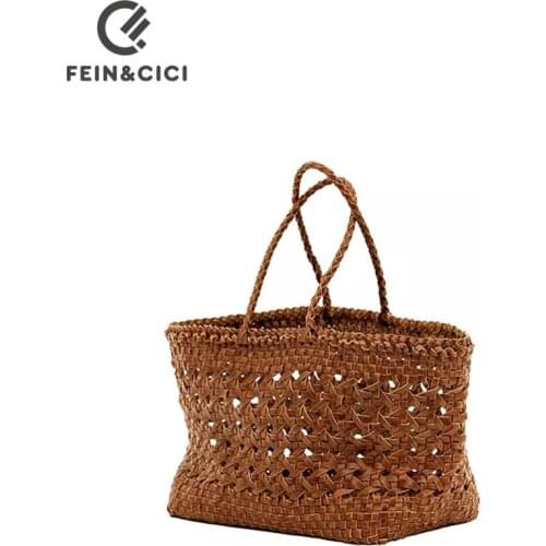 Designer woven totes bag women genuine leather cowskin knitting basket handbag female hollow out bucket bag 2020 summer new