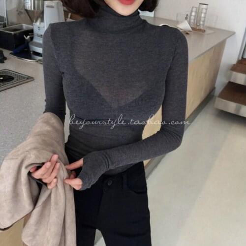 LIBERJOG Women Sexy Thin Stretch Knitted T Shirts Slim Spring Autumn Solid Breathable Female Long Sleeve Tops
