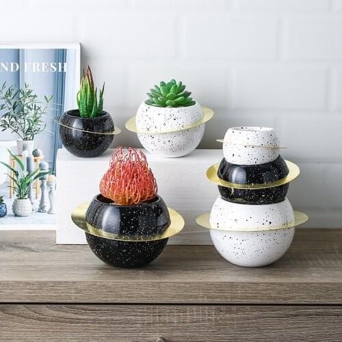 Black White Planet Ceramic Flower Pots with Metal Ring Creative Planters Containers Home Garden Desktop Decoration