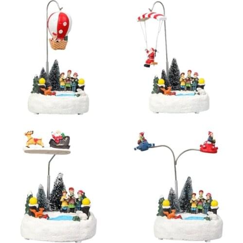 Creative Christmas Scene Resin Ornament with LED Light Music Animated Cartoon Rotating Street Lamp Figurines Xmas Decor