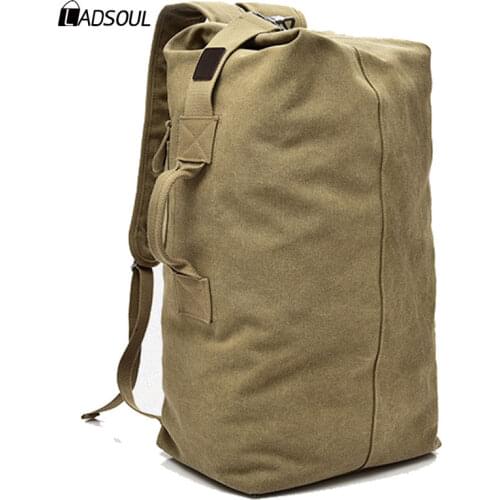 LADSOUL New Large Capacity Canvas Mountaineering Man Backpack Male Bucket Travel Shoulder Bag Tactical Military Canvas Backpack