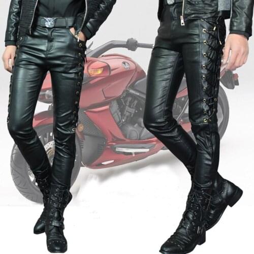 Thoshine Brand Men Leather Pants Skinny Fit Side Lace up Male Fashion Motorcycle Pants PU Faux Leather Trousers Punk Rock Style