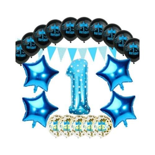 Baby Shower Theme 32inch Number Star Foil Balloon Sequin Crown Latex Balloon Flag Set Boy Girl First Birthday Party Supplies