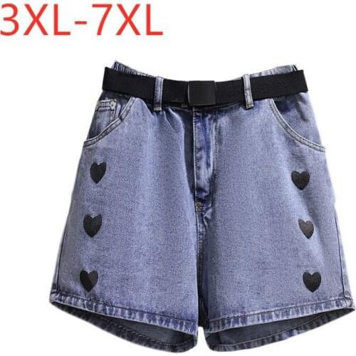 New 2021 Ladies Summer Plus Size Jeans Shorts For Women Large Cotton Wide Leg Blue Print Pocket Denim Shorts 3XL 4XL 5XL 6XL 7XL
