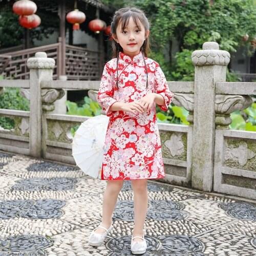 Lovely Baby Girls' Qipao Dresses New Year Gift Kids Party Clothes Costume Children Chinese Half Sleeve Cheongsam New Year Dress