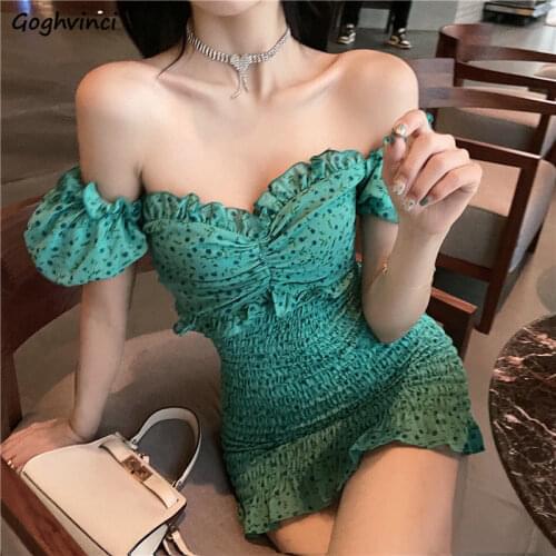 Dress Sexy Sweet Women Summer Dot Green Folds Korean Style Mini Slim Bodycon High Waist Puff Sleeve Fashion Casual Party Female