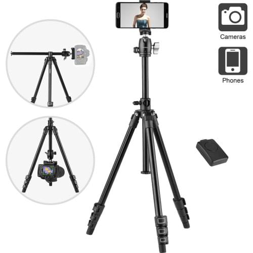 Q160H Portable Camera Tripod Horizontal Mount Professional Travel Tripod with Phone Holder Remote Control for Canon Nikon Sony