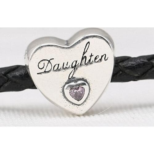 Authentic S925 Bead DIY Jewelry Daughters Love Charm fit Lady Bracelet Bangle Girl Gift Pink CZ