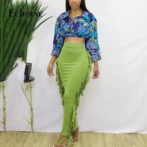 Echoine Woman Sexy Pleated Tassel Bodycon Maxi Skirts Autumn New Club Party Vintage Streetwear High Waist Long Skirt Vestidos