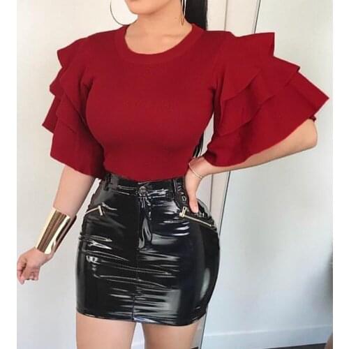 2019 Women Sexy Solid Ruffle Butterfly Sleeve O Neck Slim Blouse Shirt Tops Summer Causal Clothes