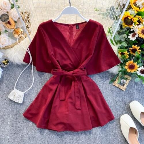 Women New Fashion V-neck Lace Up High Waist Thin One-piece Playsuits Lady Short Sleeve Solid Color Overalls K870