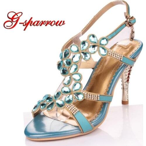 Back Straps Summer Sadnals Sky Blue Rhinestone Open Toe Women Shoes Princess Crystal High Heel Party Wedding Shoes Thin Heel